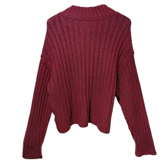 Free People Burgundy Ribbed Chunky Women’s Popover Oversized Henley Sweater Sz M - Picture 9 of 13